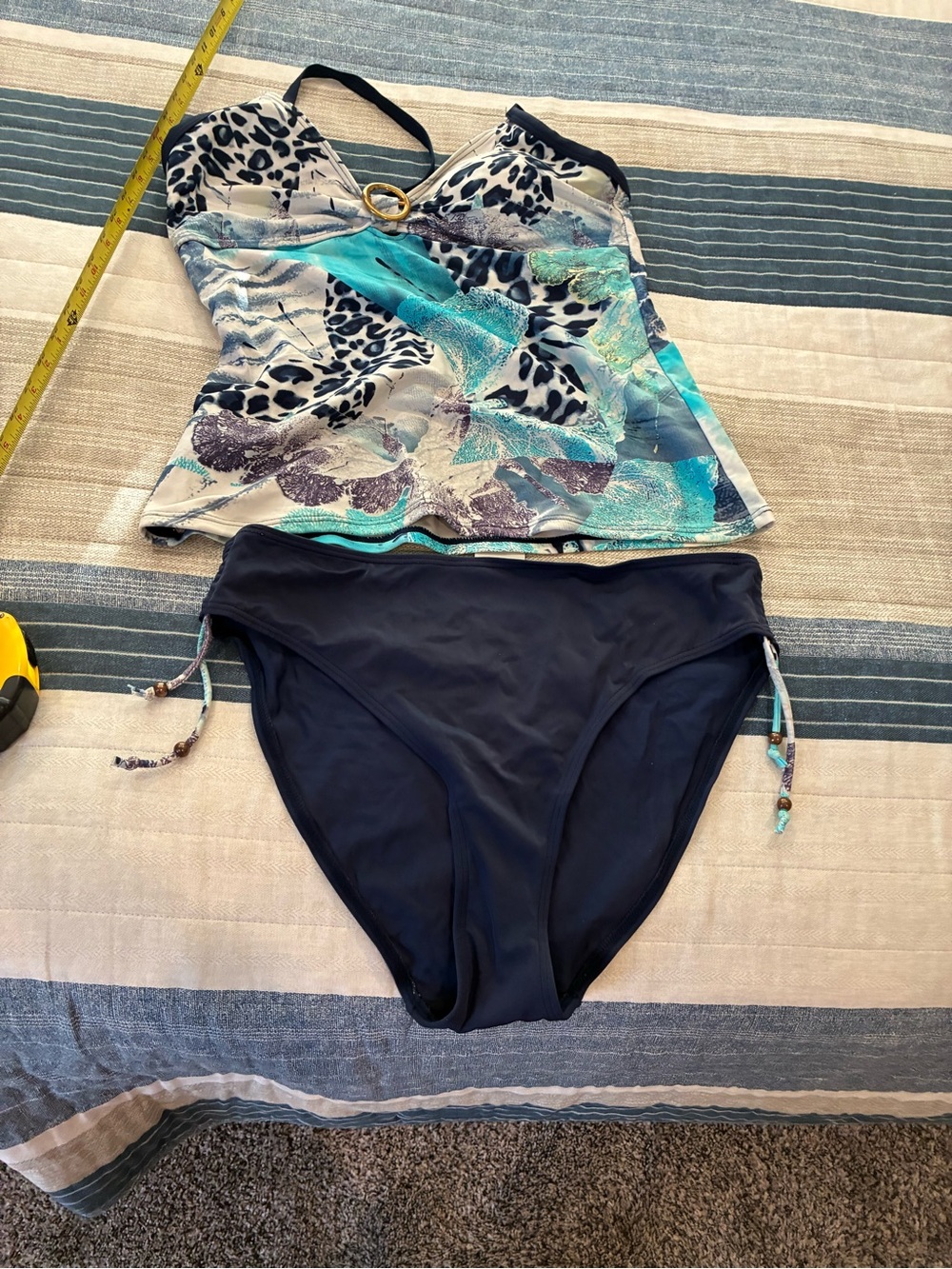 Blue Printed Tankini Top with Navy Swim Bottoms
